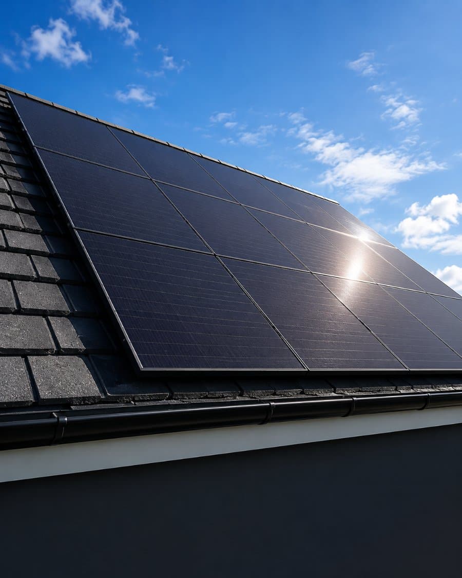 Solar panels on a roof against a blue sky