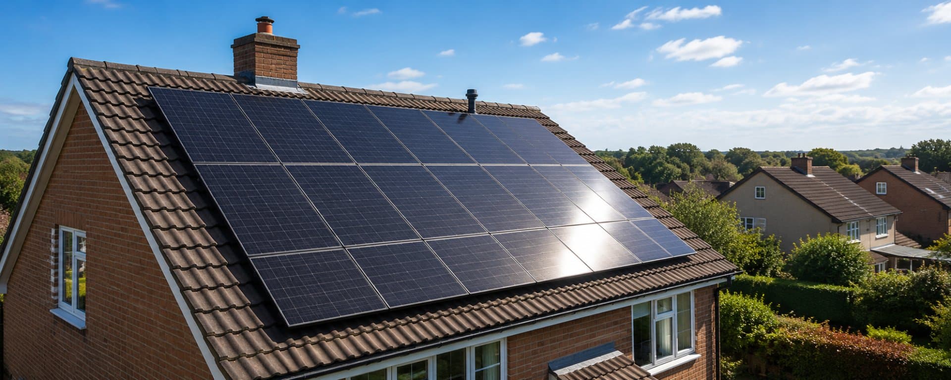 Solar panels installed on a South Wales home against a blue sky